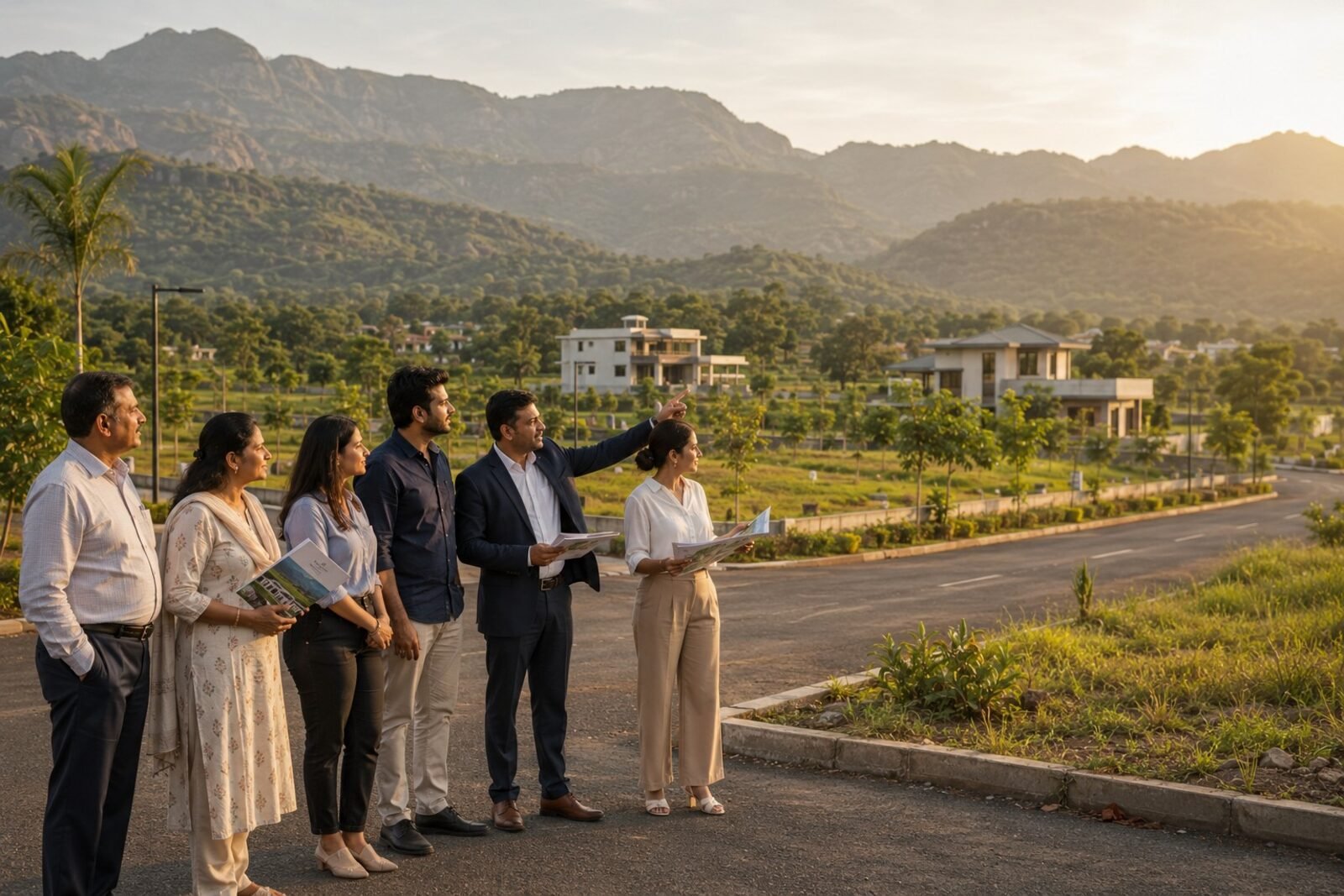 Dream Homes advisory team guiding a family of buyers during a site visit at a Karjat plotted development