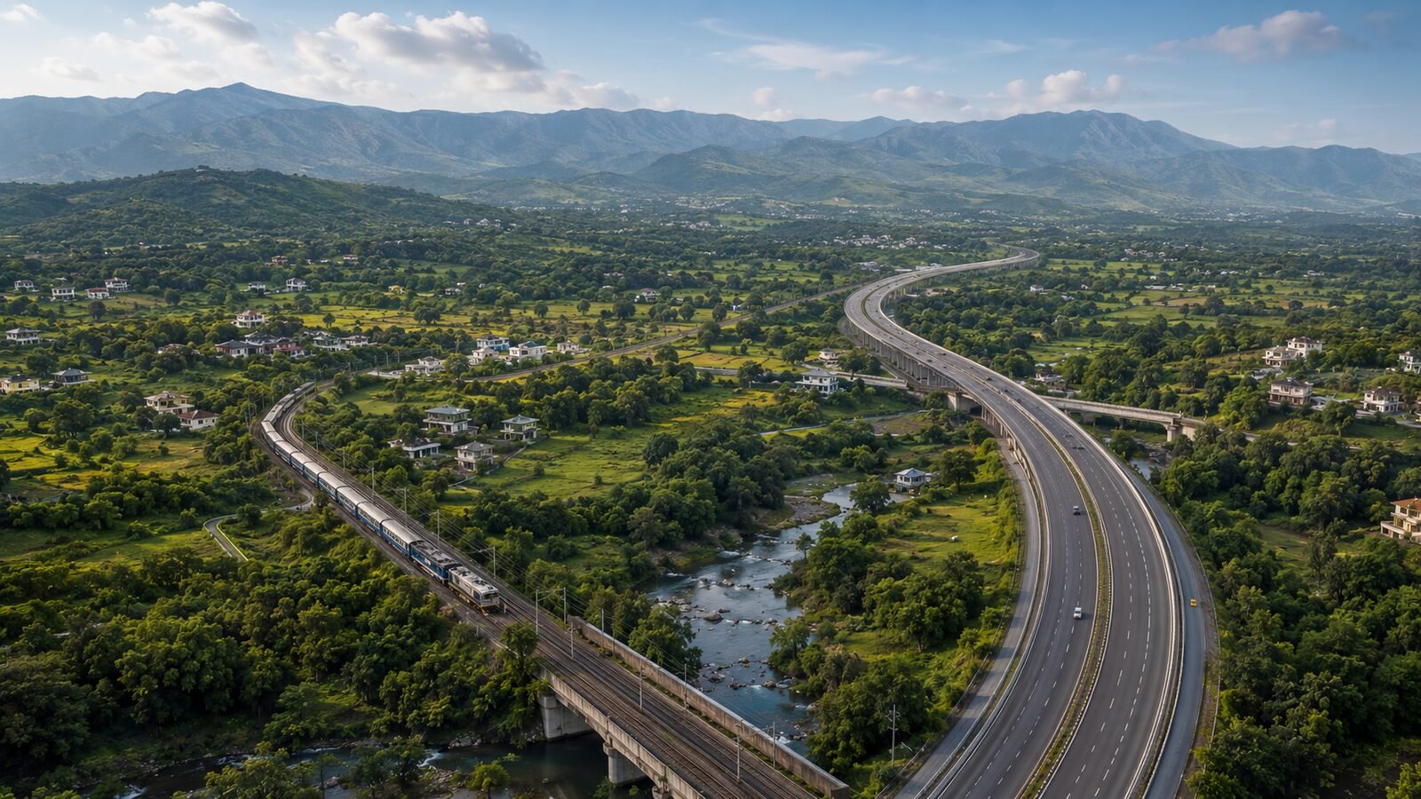 Aerial view of railway line and modern expressway winding through green Karjat countryside, showing Mumbai Metropolitan Region connectivity