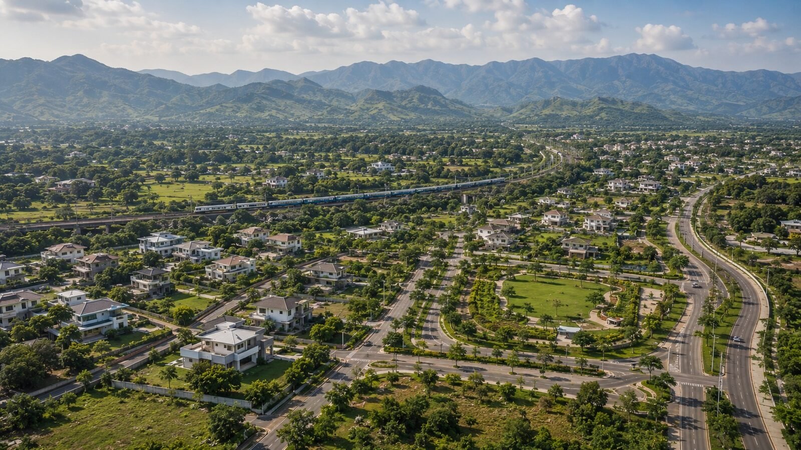 Aerial view of growing residential development, parks and new roads near the railway line in Karjat, Raigad district
