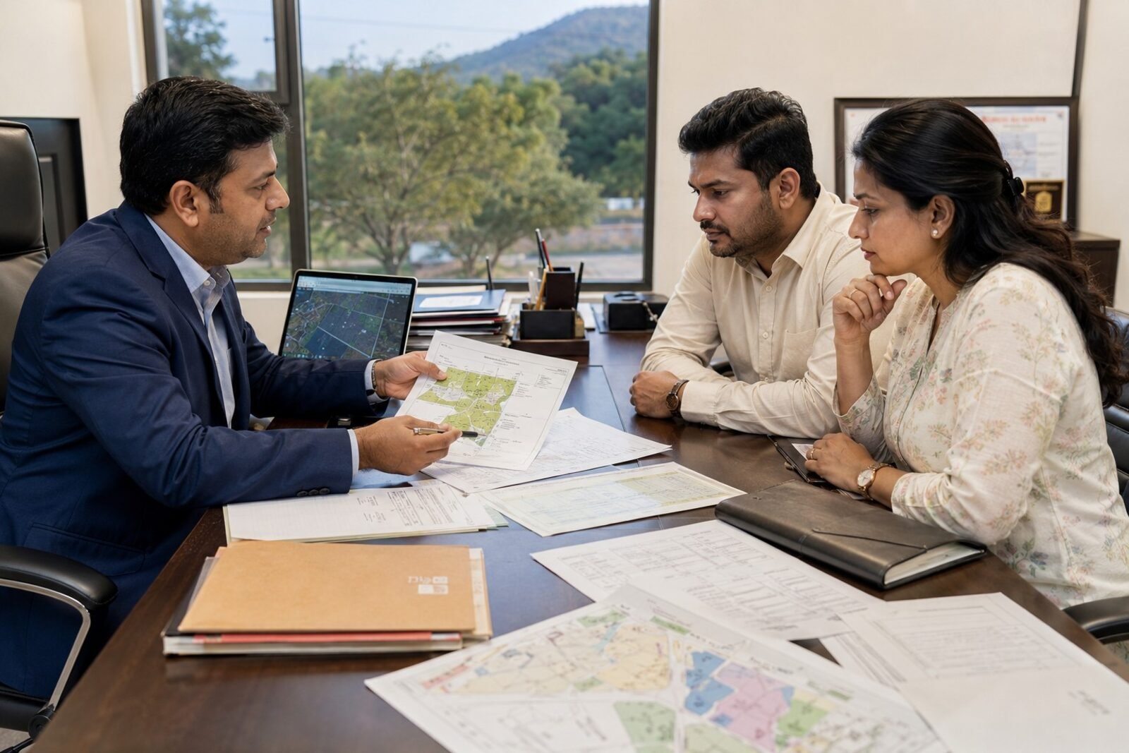 Property documents, land records and title papers under legal due diligence review for a Karjat property purchase