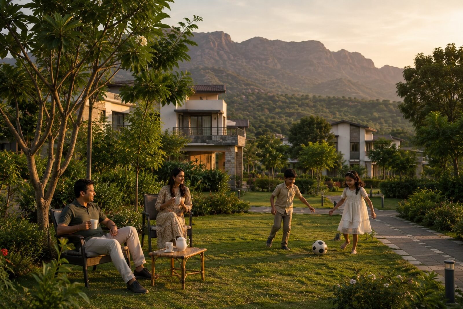 Sunrise over the Karjat valley with weekend homes nestled among trees — the second-home lifestyle buyers seek
